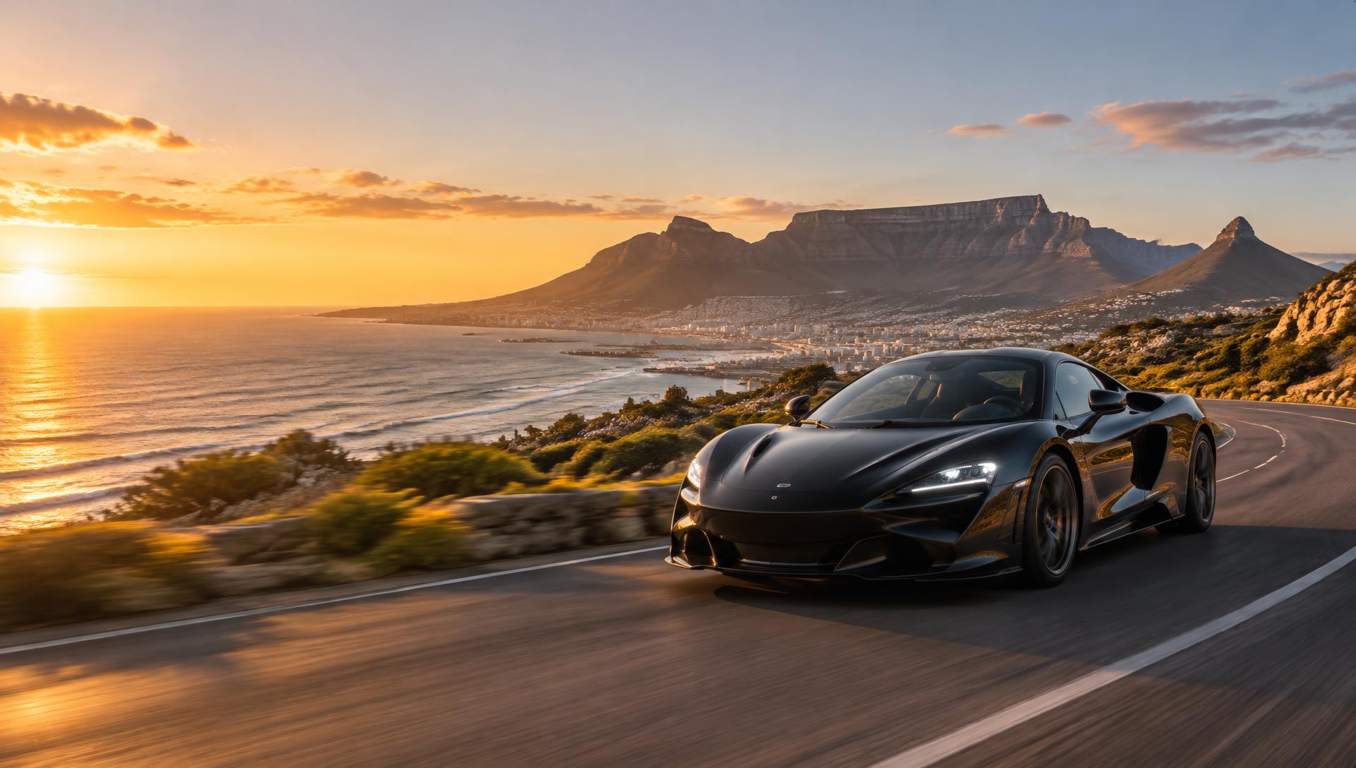 Illustrative black sports car driving towards Table Mountain at sunset